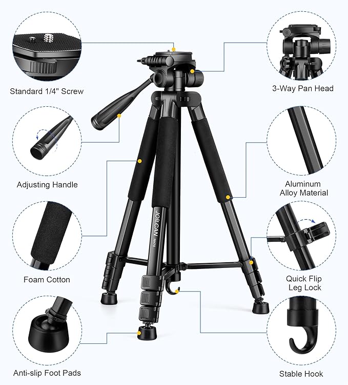 JOILCAN Tripod for Camera, 67" Heavy Duty Camera Tripod, Phone Tripods for Video Recording Photo Vlog, Aluminum Tripods with Holder & Travel Bag for Cameras DSLR iPhone Projector Laser