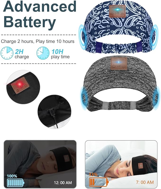 2-Pack Sleeping Headphones, Headband Headphones with Ultra-Thin HD Stereo Speaker, Bluetooth Headband for Sports, Workouts, Insomnia, Yoga, Air Travel, Meditation - Pattern Blue&Grey