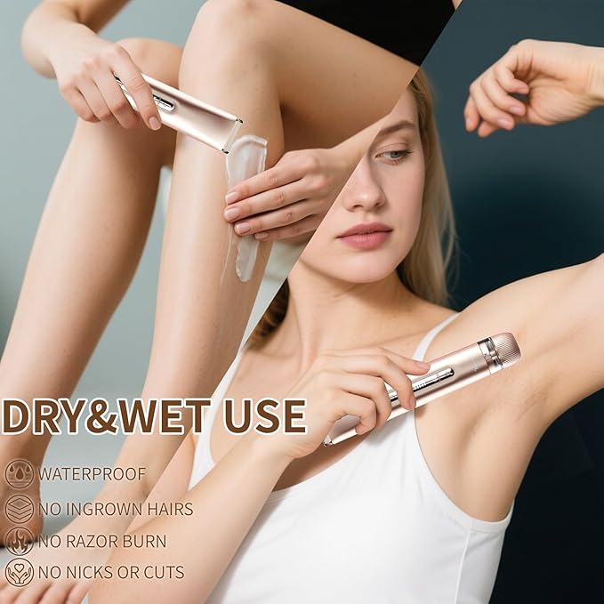 2-in-1 Electric Shaver & Bikini Trimmer for Women - Painless Electric Razor for Face,Body & Intimate Areas,Cordless Wet/Dry Shaver with Dual Blades,Waterproof for Shower&Travel(Gold)