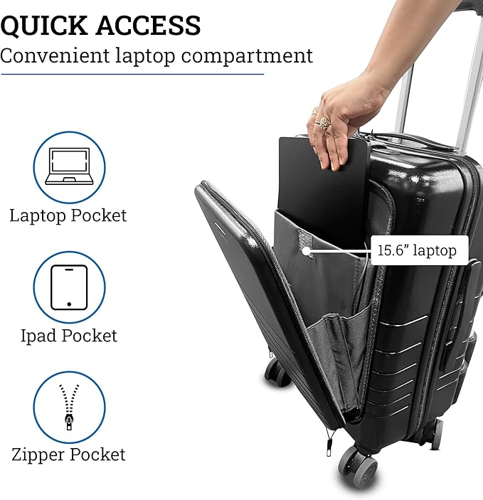 20 Inch Hardside Carry On Luggage with Spinner Wheels, Airline Approved 22x14x9 Carry-On Luggage with Front Pocket (Black)