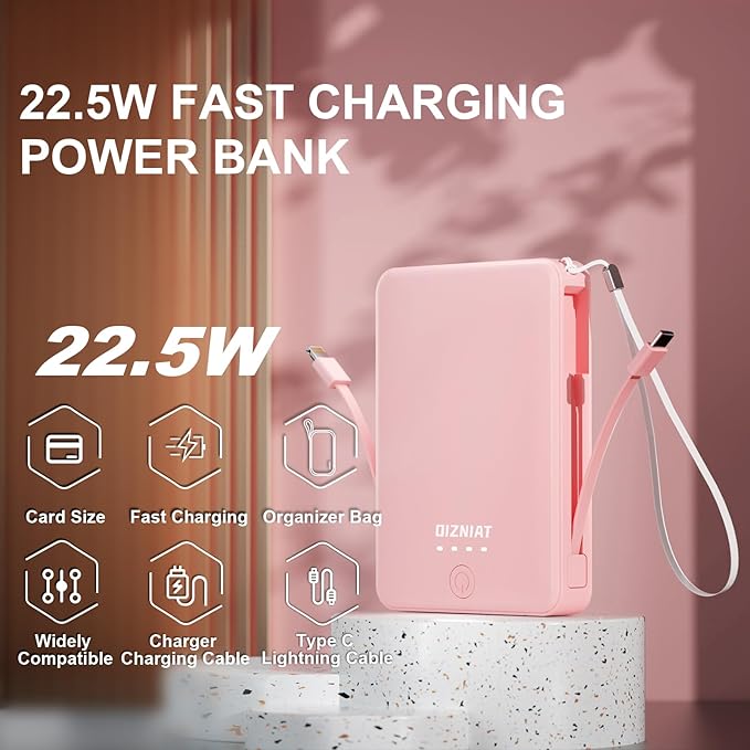 Power Bank,Pink Portable Charger w/Type C Charger Fast Charging & Built in USB C Cable,10000mAh 4 Outputs Battery Pack Clutch Charger for Apple iPhone17-11,Galaxy,Birthday Gifts for Women