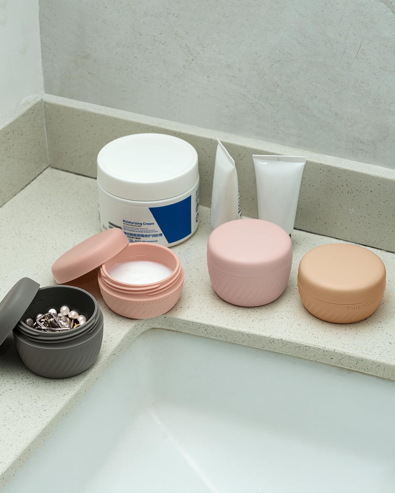 TakeToday Travel Containers for Toiletries, Leak-proof, TSA Approved, Refillable Silicone Cream Jars with Lid Travel Size Essential for Cosmetic toiletry Cream, 2oz, 4 Pack (Apricot)