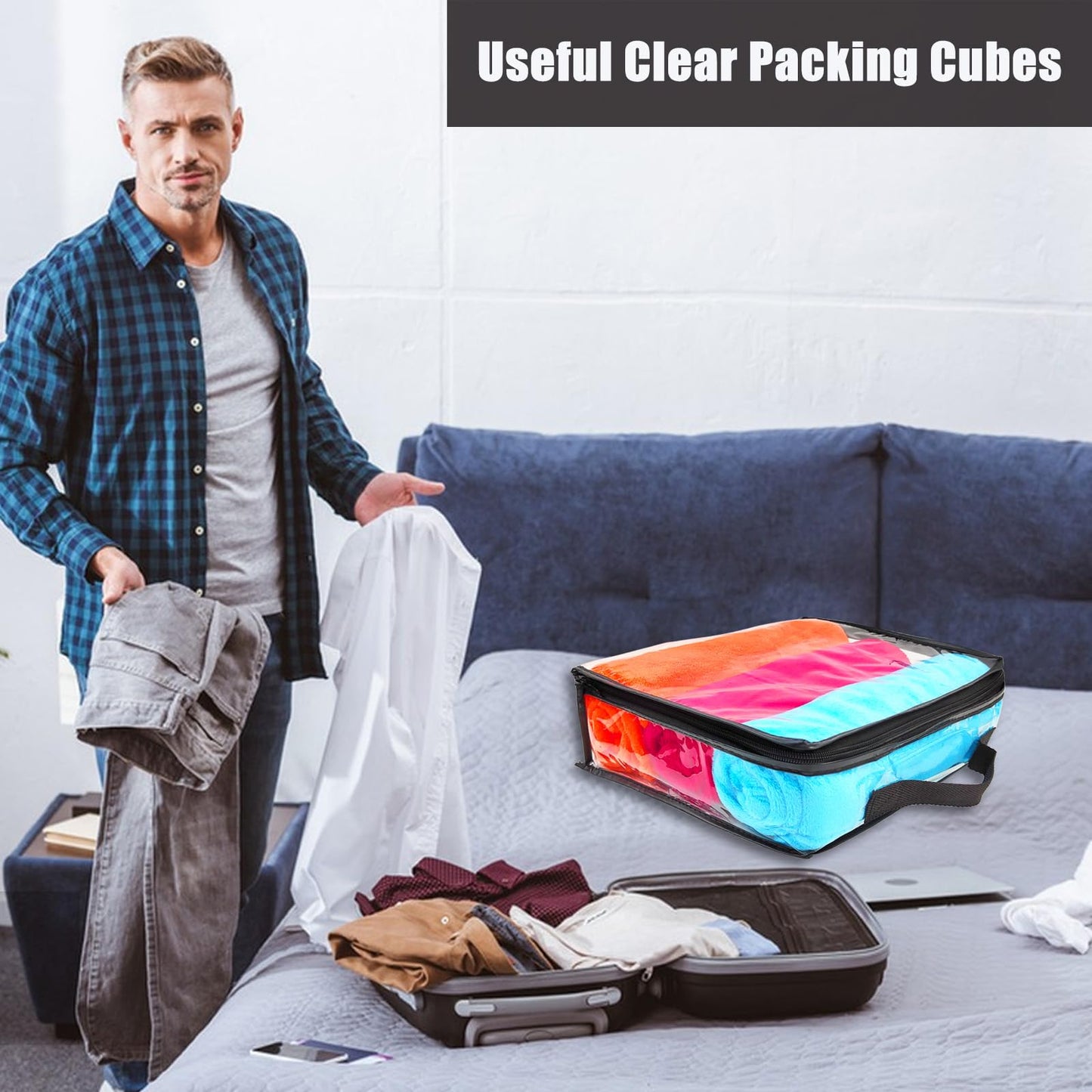 Hlimior 10 Pieces Large Clear Travel Packing Cube ，Clear Vinyl Zippered Storage Bags See Through Moving Bag Plastic Storage Bags PVC Multipurpose Pouch with Handle for Sweater Shirts Dress Storage