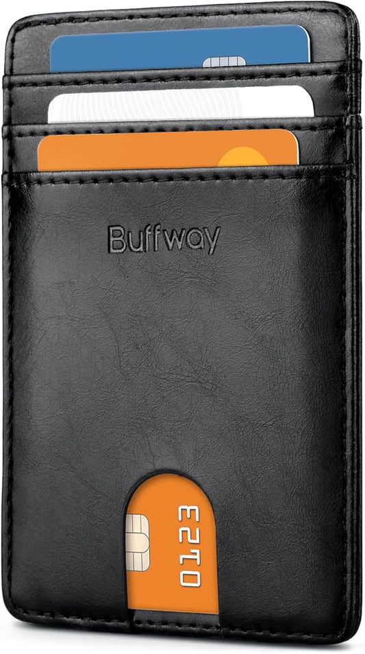 Buffway Mens Slim Wallet, Minimalist Thin Front Pocket Leather Credit Card Holder with RFID Blocking for Work Travel