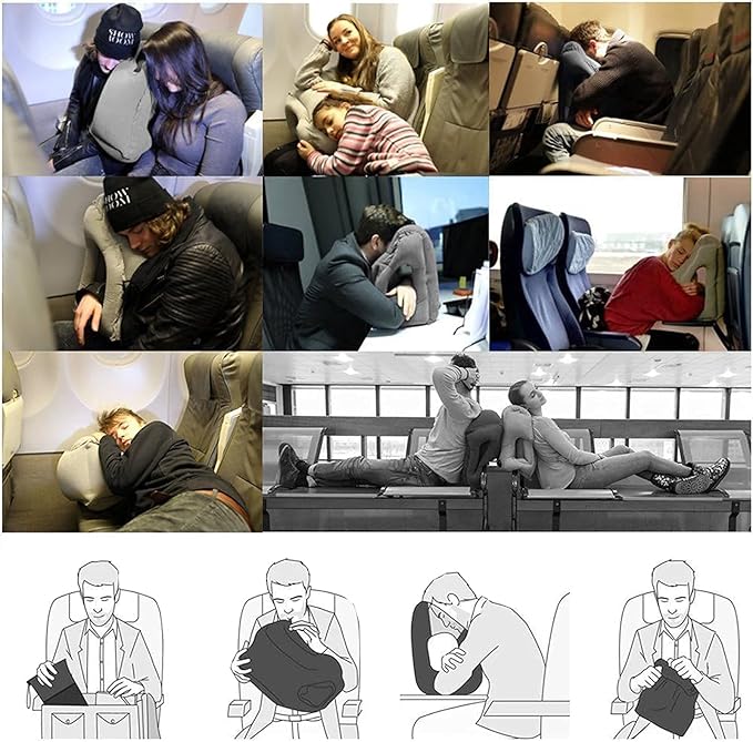 Inflatable Travel Pillow, Airplane Neck Pillow for Sleeping, Supports Head and Chin for Airplanes,Trains,Cars and Office Napping with 3D Eye Mask and Earplugs and Portable Drawstring Bag
