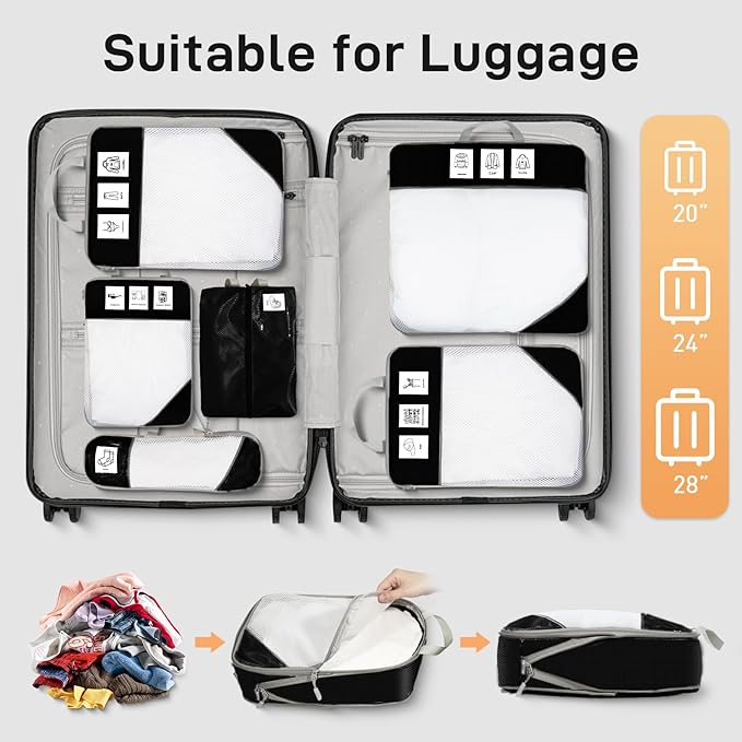 Compression Packing Cubes for Travel 6 Set Expandable Packing Organizers Durable Luggage Bags Organizers for Suitcases Travel Accessories (Black)