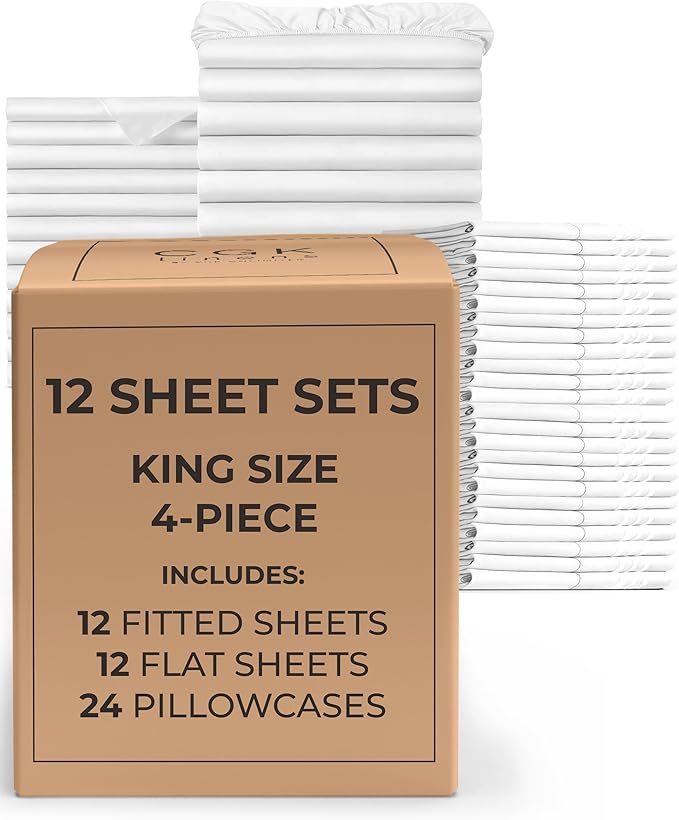 Bulk Case Pack of 12 Sheet Sets - (12) Complete King Size Sheet Sets with Deep Pockets - Wholesale Bulk Bedding for Hotels, Spas & Airbnbs - Breathable, Cooling, Soft & Wrinkle Free - (King, White)