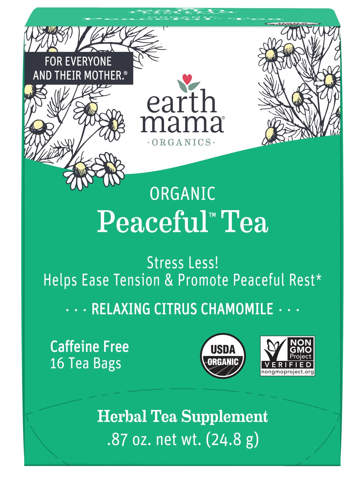 Earth Mama Organic Peaceful™ Tea | Stress Less! Calming, Relaxing Herbal Blend Safe for Pregnancy & Beyond, 16 Teabags Per Box