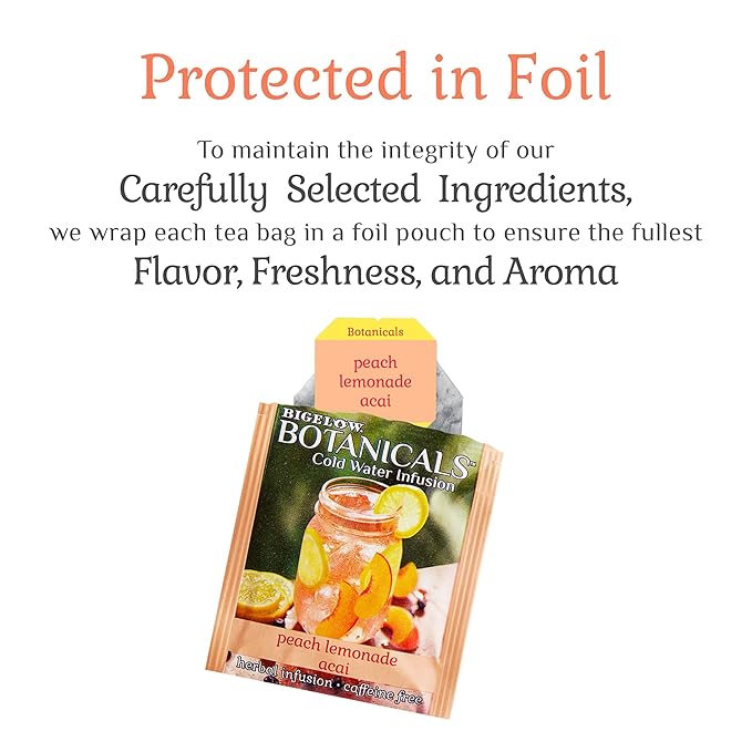 Bigelow Botanicals Cold Water Infusion Peach Lemonade with Acai, Caffeine Free Herbal Tea with Peach and Lemonade Flavor, 18 Count Box (Pack of 6), 108 Total Tea Bags