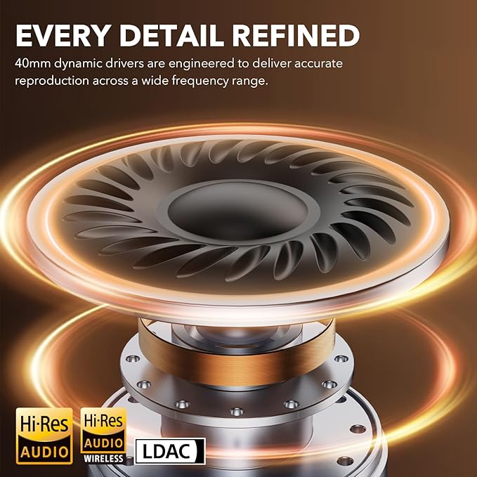 1Mii Y8+ Noise Cancelling Headphones Bluetooth, Wireless LDAC Hi-Res Audio, Custom EQ via App, 75H Playtime, Comfort Fit, Over Ear Headphones Foldable for Airplane Travel Home Office Beige Cyan