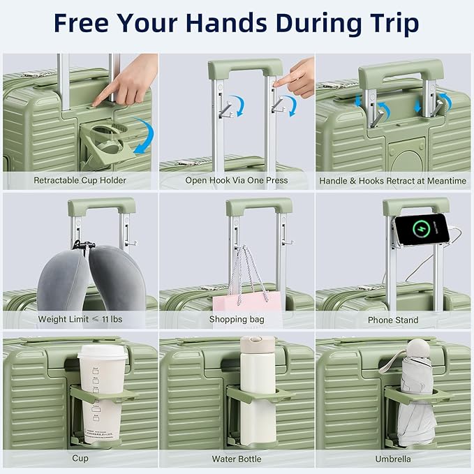 28 Inch Luggage Hard Shell Suitcases, Expandable Travel Checked Luggage 28 Inch, Large Check In Luggage with Spinner Wheels Cup Holder Charger Built in Lightweight Suitcase, Bamboo Green