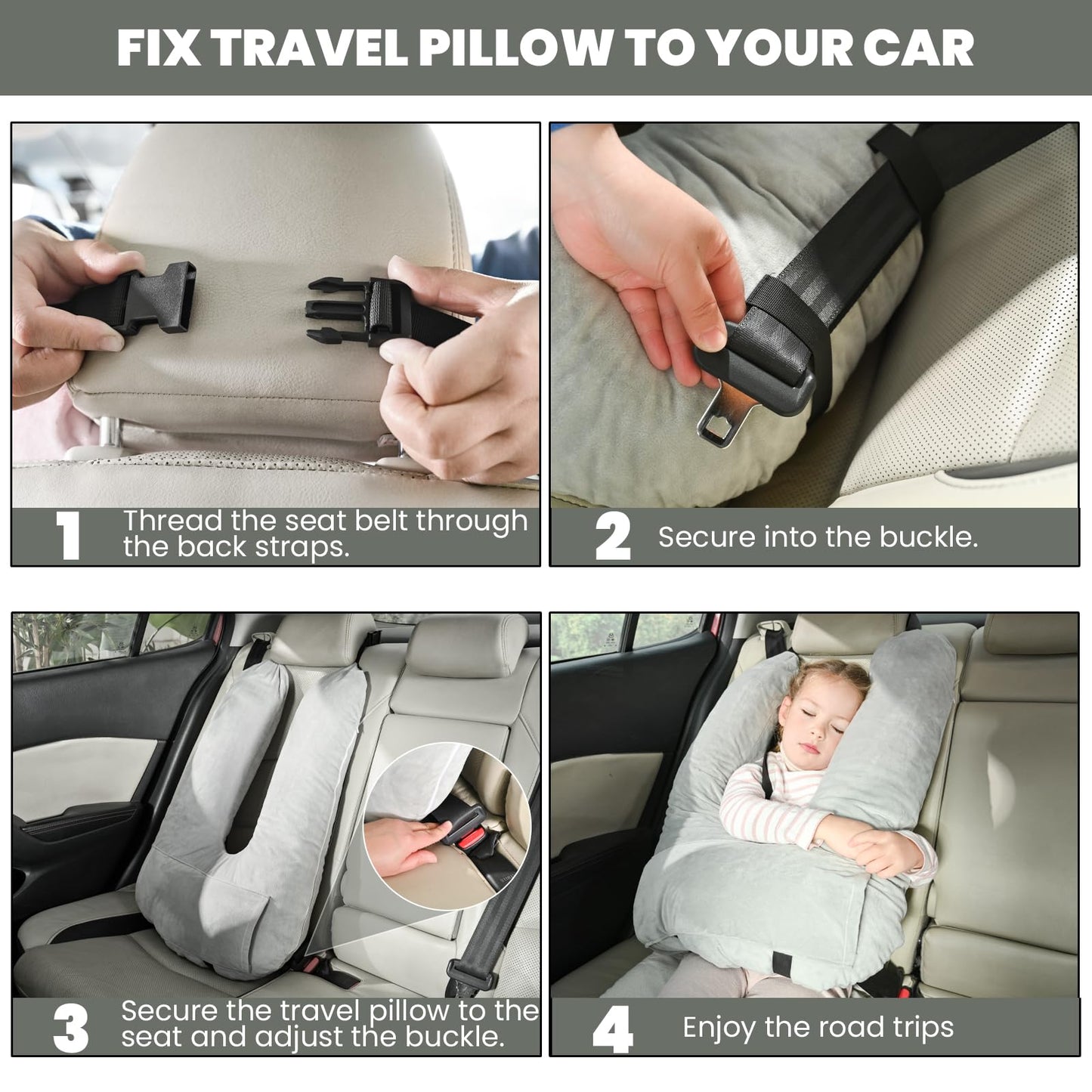 MOAOO Travel Pillow Car Pillow for Kids, Car Sleeping Pillow for Adults and Kids Support Head and Neck on Road Trips Gray