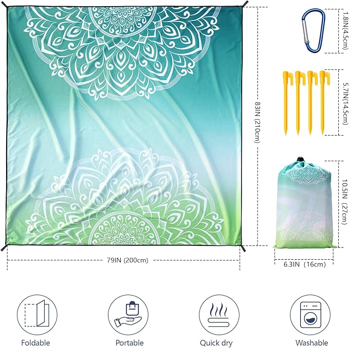 Beach Blanket Waterproof Sandproof Beach Mat 79" X 83"/10'x9'for 2-8 Adults Quick Drying Outdoor Picnic Mat Beach Accessories for Travel, Camping, Hiking