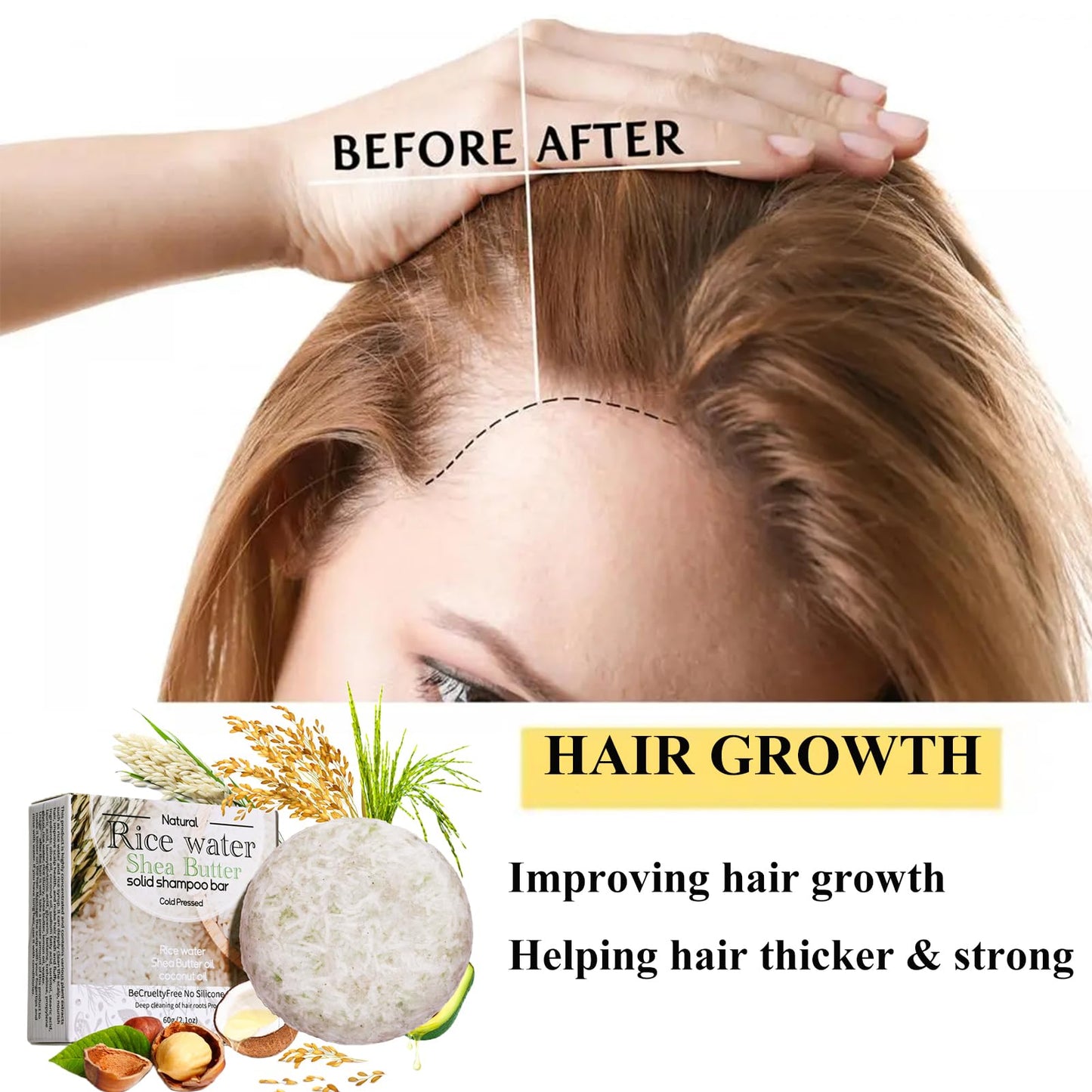 ASMAYSA 2Pcs Rice Water Shampoo Bar for Hair Growth, Protein Shampoo Bar Bulk, Root White Coverage Hair Darkening, Volumizing and Strengthening