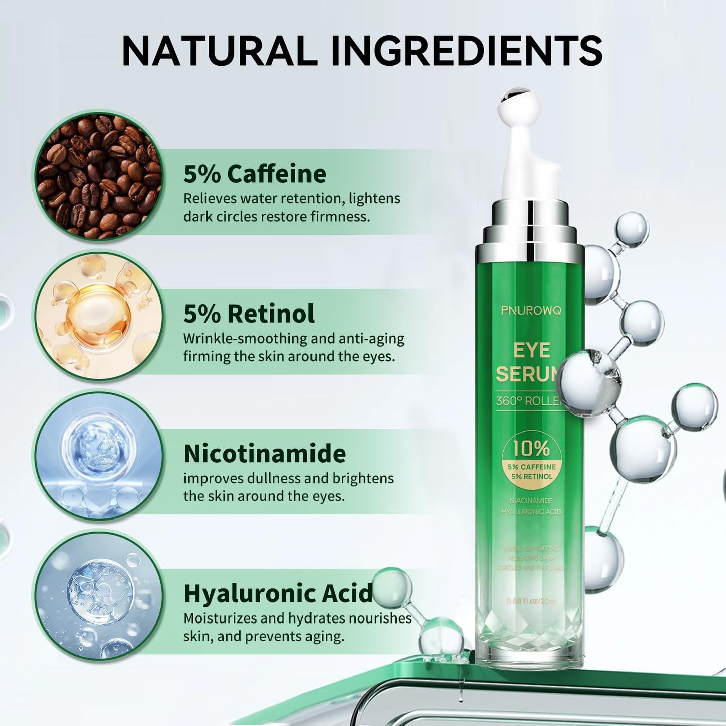 Eye Serum with 5% Caffeine & 5% Retinol for Dark Circles, Puffiness Puffy Bags & Wrinkles Fine Lines - Under Eye Roller Cream Anti Aging Treatment with 360° Massage Ball for Men and Women