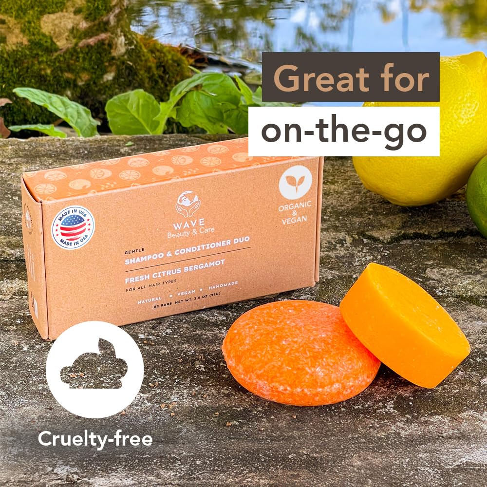 Wave Fresh Citrus Shampoo Bar & Conditioner Bar Set - Vegan & Sulfate-Free - Handmade Moisturizing Solid Bars for All Hair Types - Convenient for Travel, Long-Lasting, (80-120 Uses) - Citrus