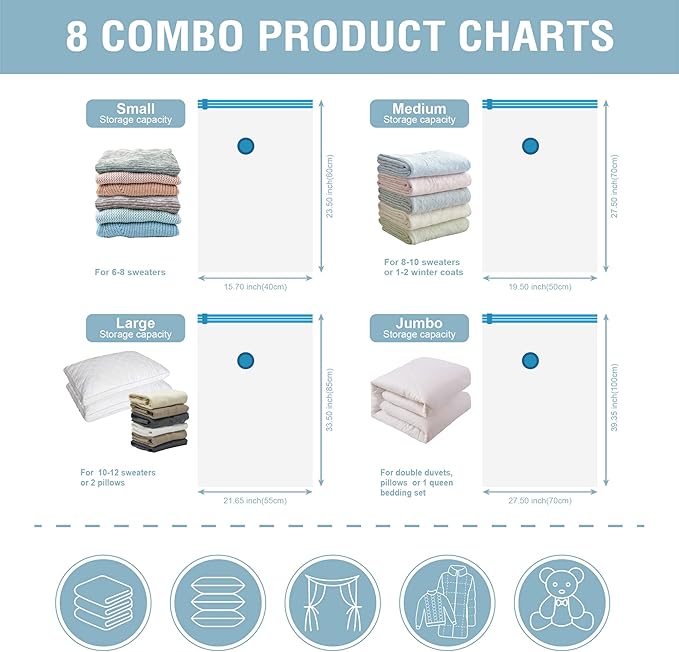 8 Pack Vacuum Storage Bags, Space Saver Bags (2 Jumbo/2 Large/2 Medium/2 Small) Compression Storage Bags for Comforters and Blankets, Vacuum Sealer Bags for Clothes Storage, Hand Pump Included