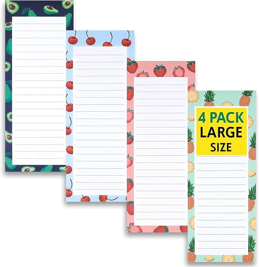 4 Large Magnetic Notepads – Big Notepads for Grocery List, Shopping List, To-Do List, Reminders -Strong Magnetic Back- Memo Pads with Realistic Fruit Designs | 60 Sheets per Pad 9 x 3.5 inch (4 Pack)