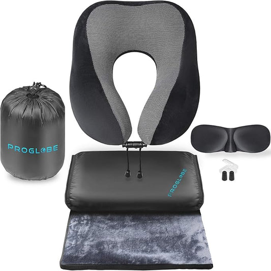 Travel Blanket Luxury Travel Set - Ergonomic Airplane Neck Pillow 100% Pure Memory Foam and Super Soft Fleece Blanket - Premium 3D Sleep Mask & Earplugs - Ultimate 4-in-1 Traveling Kit Black