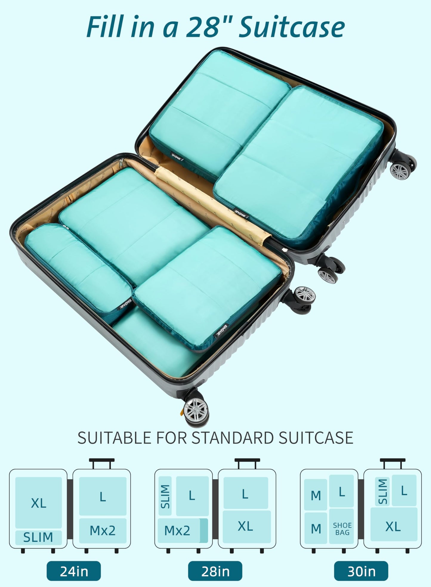 Bagail Ultralight Packing Cubes 7 Set, 3 Compression Packing Cubes 3 Packing Organizers With 1 Shoe Bag-Teal Mesh
