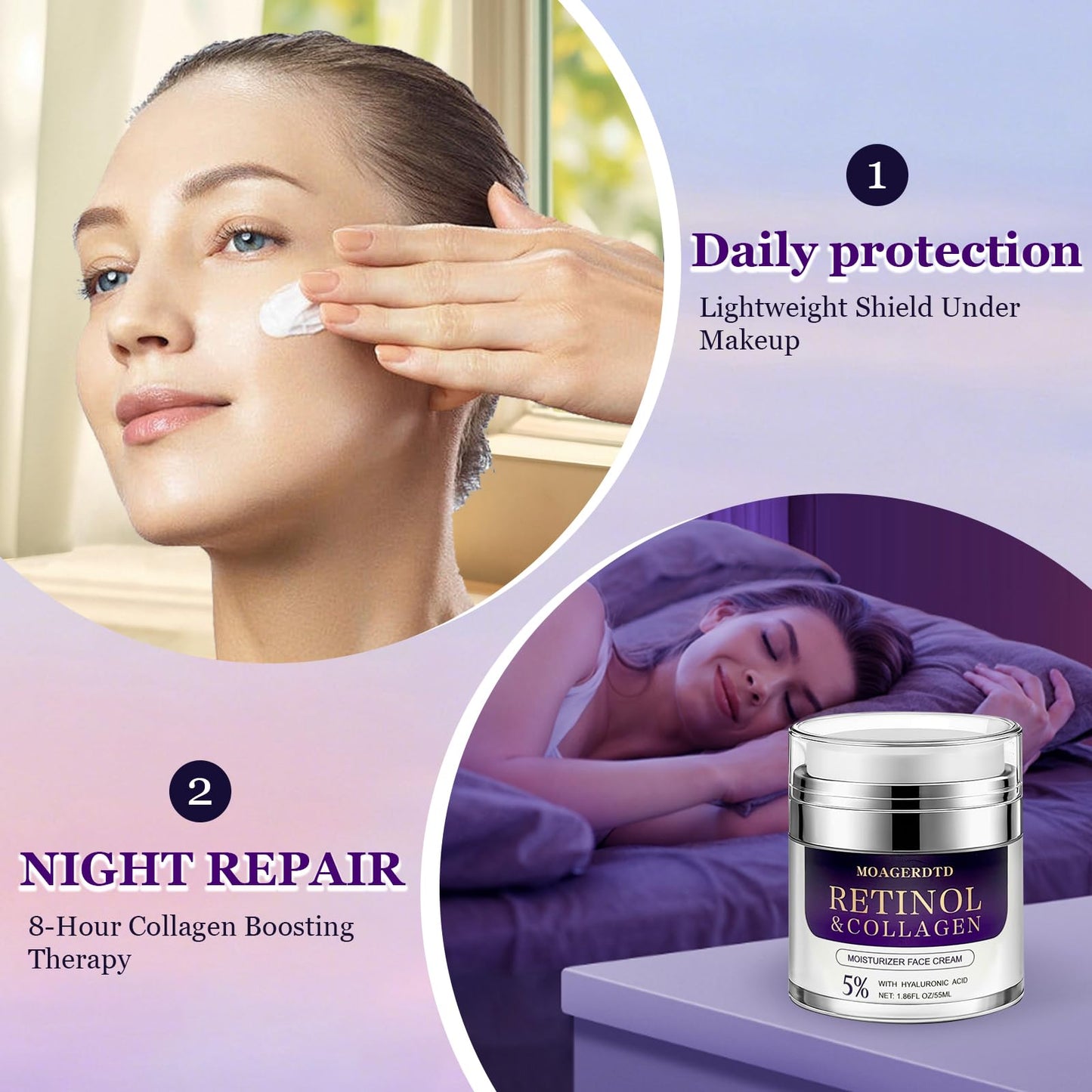 Retinol Collagen Cream is a Anti-aging and deeply hydrating formula. It's loaded with retinol and hyaluronic acid, making it suitable for use both during the day and at night 1.86 Fl Oz