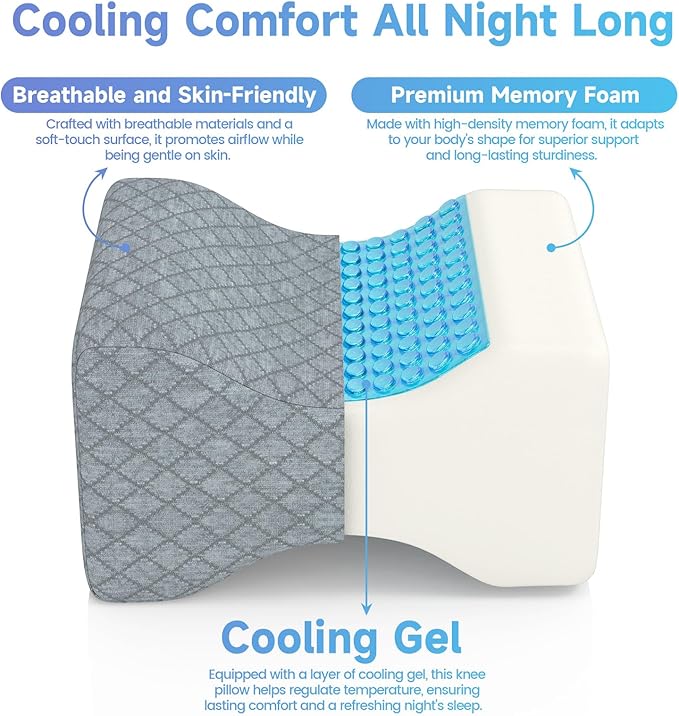 CloudBliss Knee Pillow for Side Sleepers - Cooling Leg Pillow for Side Sleeping, Memory Foam Knee Pillow for Hip Pain, Lower Back Pain, Sciatica Pain, Knee Wedge Pillow with Contour Design,Grey