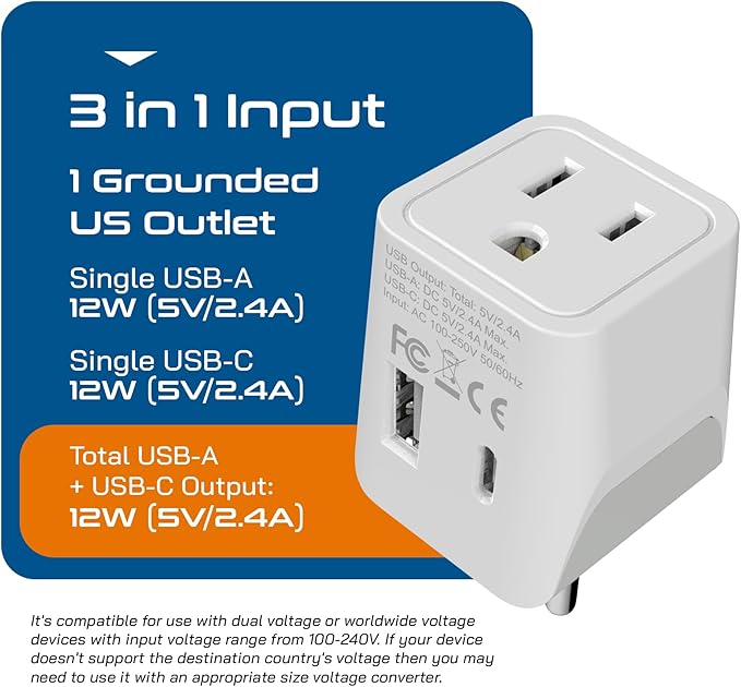 Ceptics Thailand Travel Plug Adapter – Type O Power Adapter with USB-C & A + USA Input – Ultra Compact,3-in-1 Safe Grounded Adapter Plug for Thailand