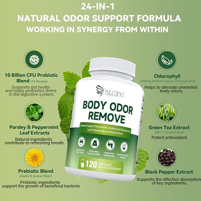 Chlorophyll Body Deodorizing Supplement with 10 Billion CFU Probiotic, Vitamin C & E, Parsley, Peppermint, Green Tea, Prebiotics, Chlorophyll Capsules Supports Breath & Whole-Body Freshness, 120 Caps