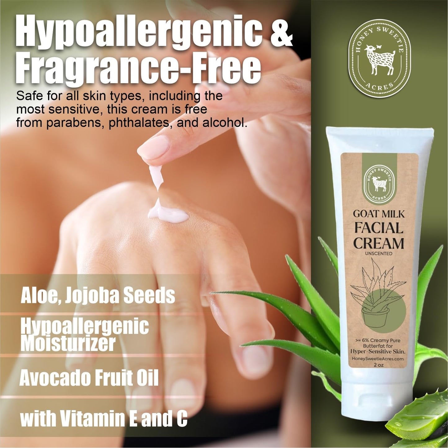 Honey Sweetie Acres Goat Milk Facial Cream – 2 oz – Moisturizer with Aloe, Jojoba & Avocado Oils, Fragrance-Free & Paraben-Free Face Cream