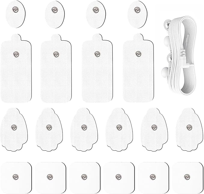 20 Pack TENS Unit Electrode Pads + 1/4 Wire Cable Combination Set. Reusable Premium Hydrogel Self-Adhesive Replacement Pads, Compatible with Belifu, AVCOO, NURSAL, TENS 7000, AUVON, Neocarbon (White)