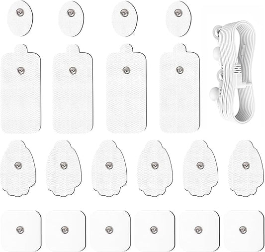 20 Pack TENS Unit Electrode Pads + 1/4 Wire Cable Combination Set. Reusable Premium Hydrogel Self-Adhesive Replacement Pads, Compatible with Belifu, AVCOO, NURSAL, TENS 7000, AUVON, Neocarbon (White)