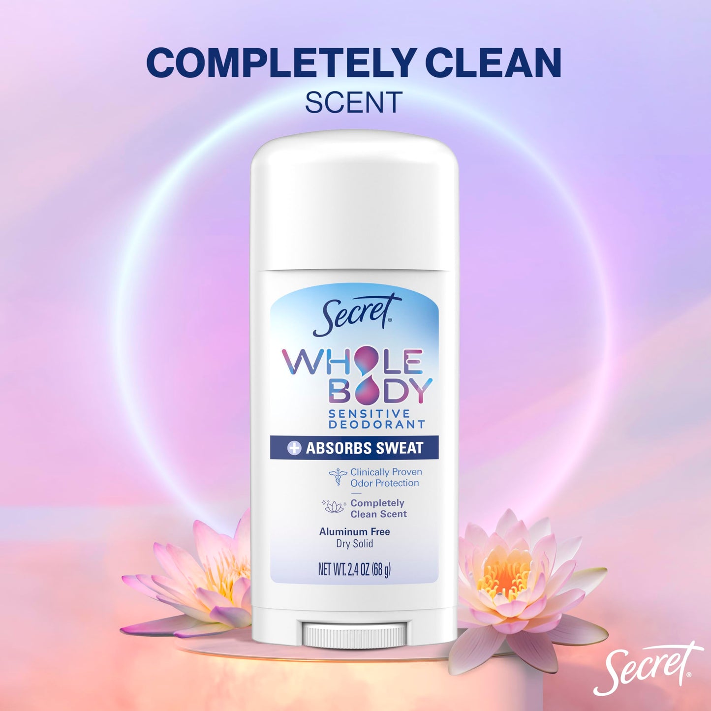 Secret Whole Body Deodorant Dry Feel Stick + Absorbs Sweat for Women, Naturally Derived Ingredients, Completely Clean Scent, Aluminum Free Deodorant Stick, 72 HR Odor Protection, 2.4 oz