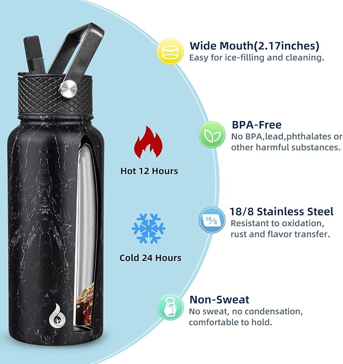 BJPKPK Insulated Water Bottles with Straw Lid, 32oz Metal Large Water Bottle with 3 Lids, Reusable Leak Proof BPA Free Thermo, Stainless Steel Tumblers for Sports, Gym, Travel-Midnight