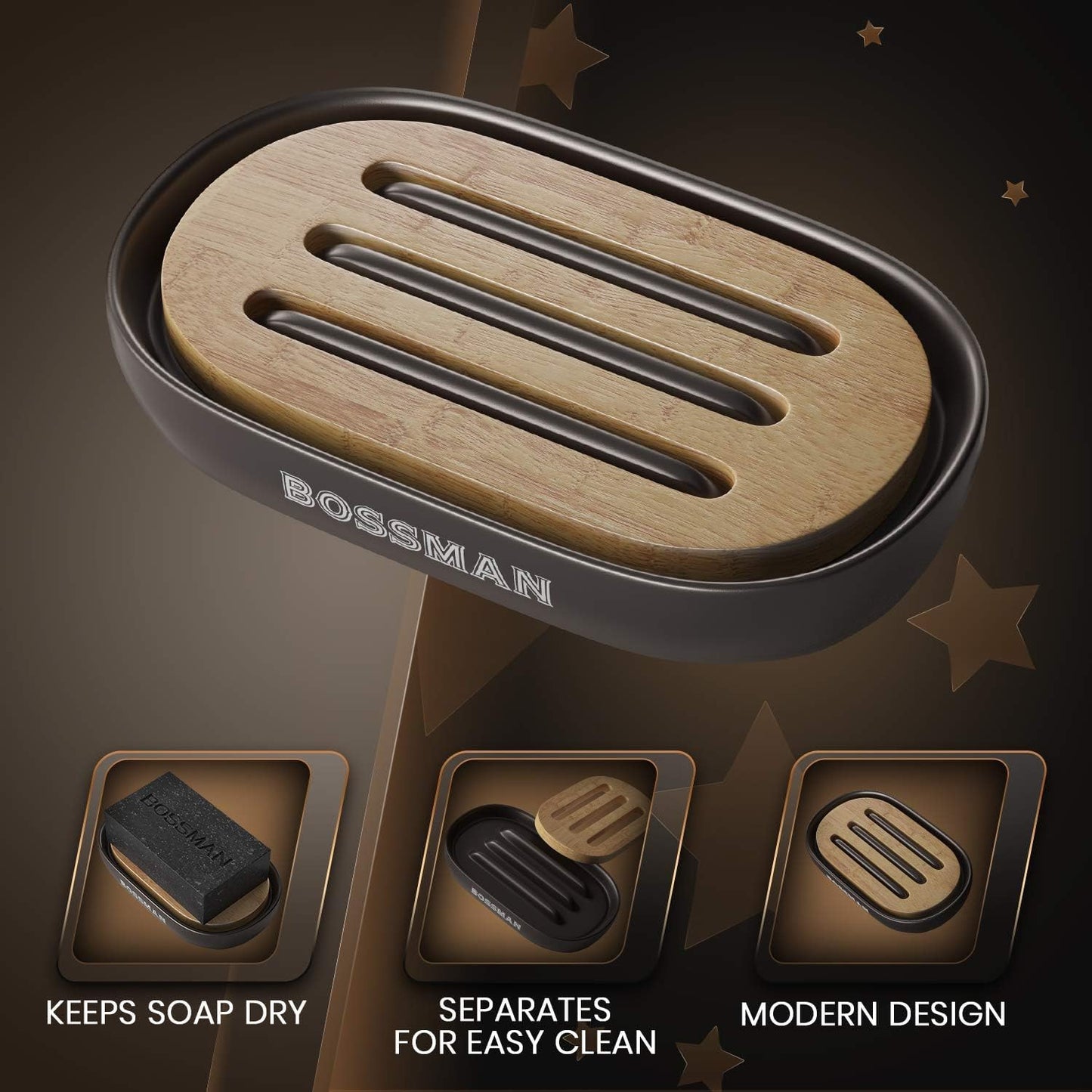 Bossman Men's 4-in-1 Bar Soap for Men + Black Soap Dish Bundle – 4 oz Bar with Lavender & Patchouli Scent + Ceramic Base with Bamboo Tray