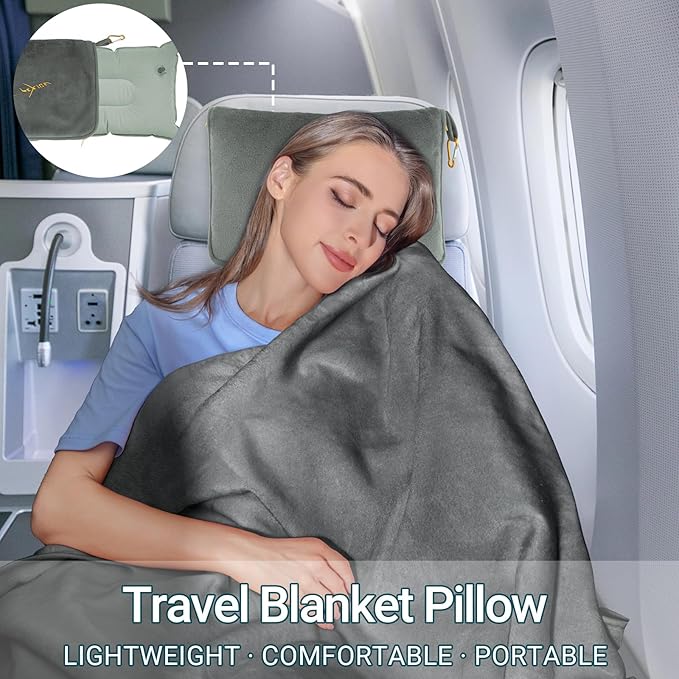 Travel Blanket & Pillow Set, 300 GSM Soft Fleece, 60x43 Inches, 3-in-1 Airplane Blanket, Travel Pillow and Blanket Set, Travel Blanket Airplane Compact with Bag, Travel Essentials, Grey