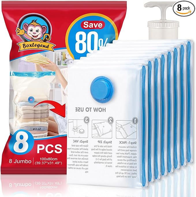 BoxLegend Vacuum Storage Bags with Large Size Hand Pump 8 Jumbo 31.5’’x39.37’' Thickened Vacuum Seal Bags for Clothing Space Saving Vacuum Pack Storage Bags for Pillow Comforters Bedding