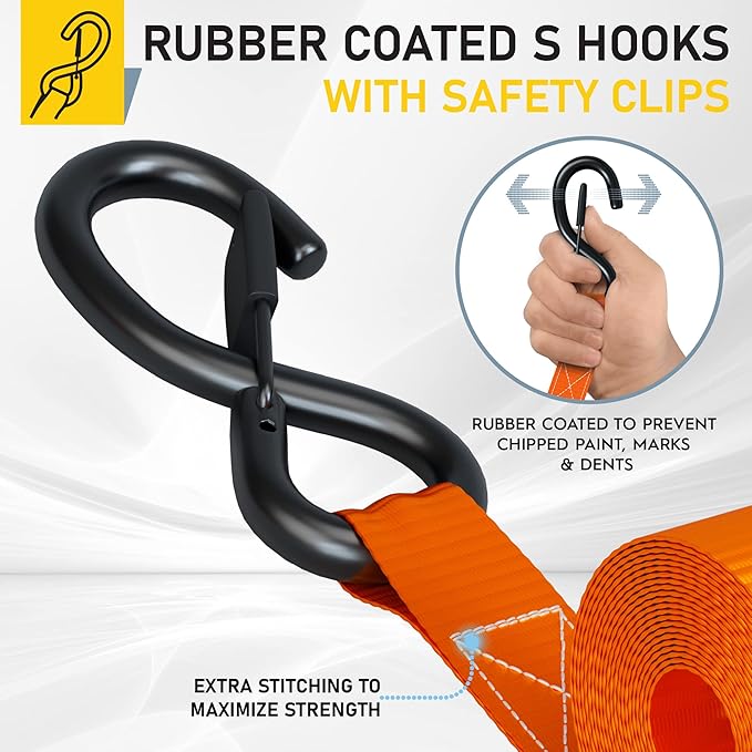 AUGO Ratchet Straps Heavy Duty 4 Pack -15 FT - 2200 LB Break Strength – with Safety Lock S Hooks - Cargo Straps for Moving, Appliances, Motorcycle – Soft Loop Tie Down Straps