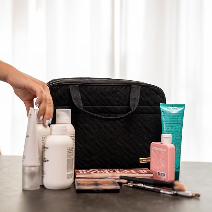 Carrywell |Not Made In China| Hanging Toiletry Travel Bag For Women, Makeup Organizer Case, Water-Resistant Cosmetic Bag For Full-size Containers, Toiletries (Black, Medium)