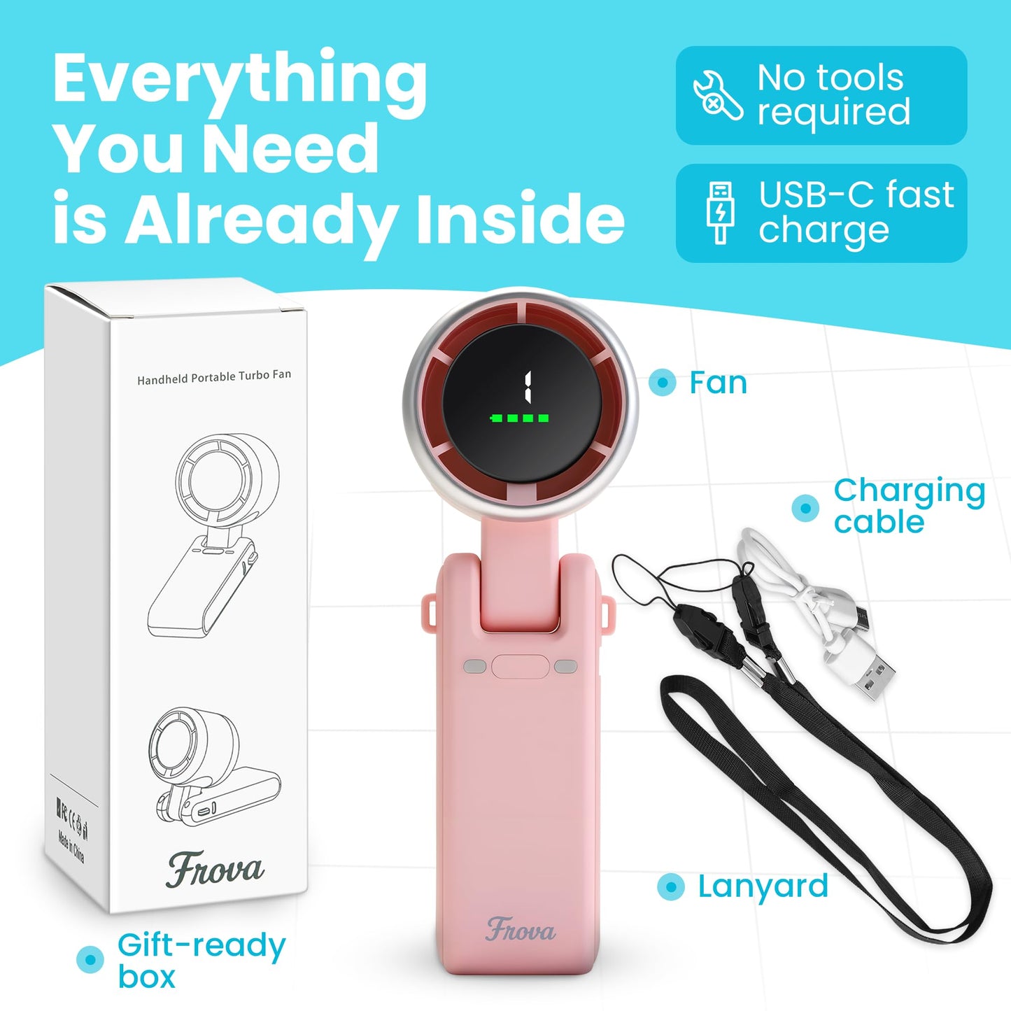 FROVA Zephyrus Portable Handheld Fan – 5200 mAh USB‑C Rechargeable, 5‑Speed Quiet Brushless – Foldable Pocket‑Size with Stand, Lanyard & Pouch