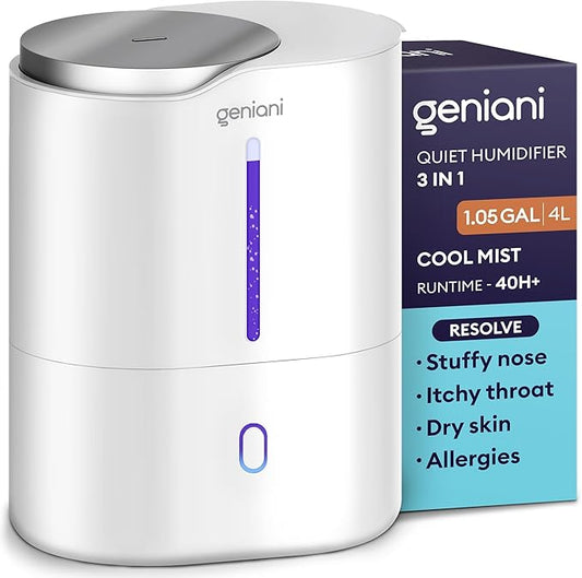 GENIANI Cool Mist Air Humidifiers for Bedroom, Plants, and Large Rooms - Quiet Humidifiers for Baby Room with Auto Shut Off & Night Light (3.9L, White)