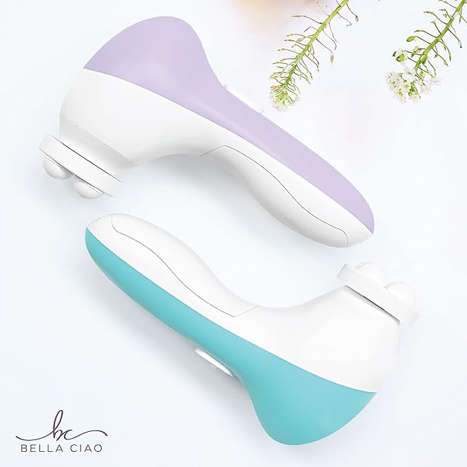 Bella Ciao 6-Piece Facial Cleansing and Exfoliating Set with Soft Facial Brush, Rolling Massager Head, Latex Sponge, Makeup Sponge, and Callus-Remover Disc, Batteries Not Included, Lavender