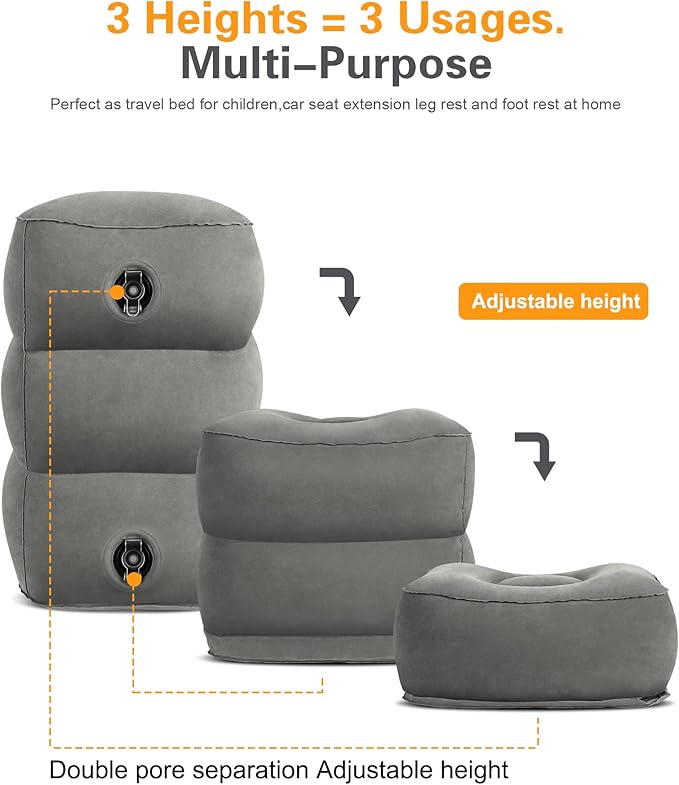 Sunany Inflatable Foot Rest Pillow for Airplane Travel-Adjustable Height Cushions for Kids to Sleep While Traveling, Adults, Suitable for Office, Home and Any Travel（Dark Grey）