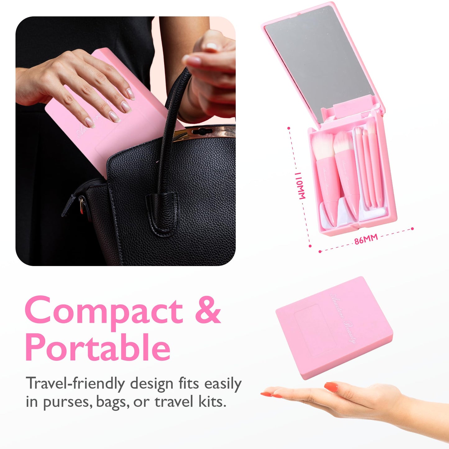 Anactoro Travel Makeup Brushes Set, Easy Taken 5pcs Mini Makeup Brushes Kit with mirror, ON-THE-GO, Makeup Set for Beauty Blender, Get Glam On-the-Go! Pink
