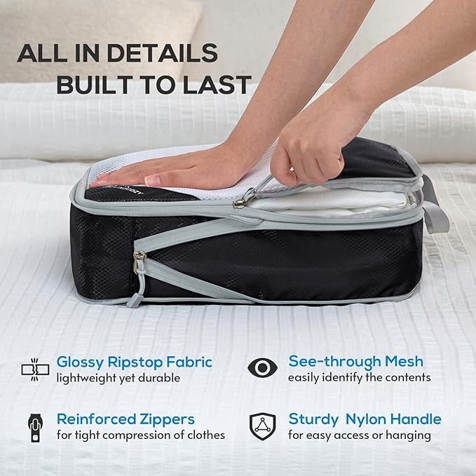 Compression Packing Cubes, 5 Set Packing Cubes for Travel Compression, Lightweight Compressible Package Organizer for Carry On and Suitcases, Black