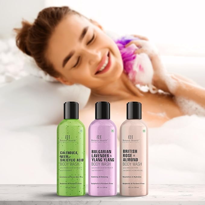 Botanic Hearth Relax And Renew Shower Set | Pack Of 3 Of Body Wash (British Rose,Lavender, Calendula Neem) 4 Fl Oz Each