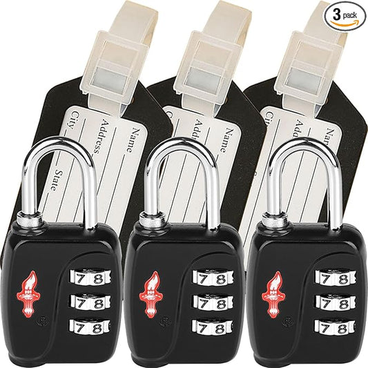 3 Sets TSA Approved Luggage Lock Combo - Secure Travel Essential w/Free Luggage Tag! Combination Lock for Suitcases, Backpacks, Gym Lockers & School
