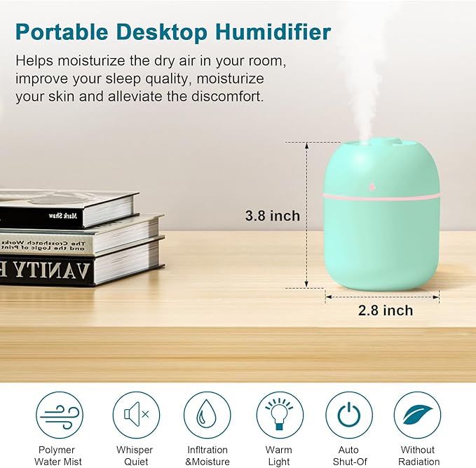 Portable Small Humidifier, USB Personal Desktop Humidifier for Car, Office Room, Bedroom, Auto Shut-Off, 2 Mist Modes, Super Quiet(220ml, Green)