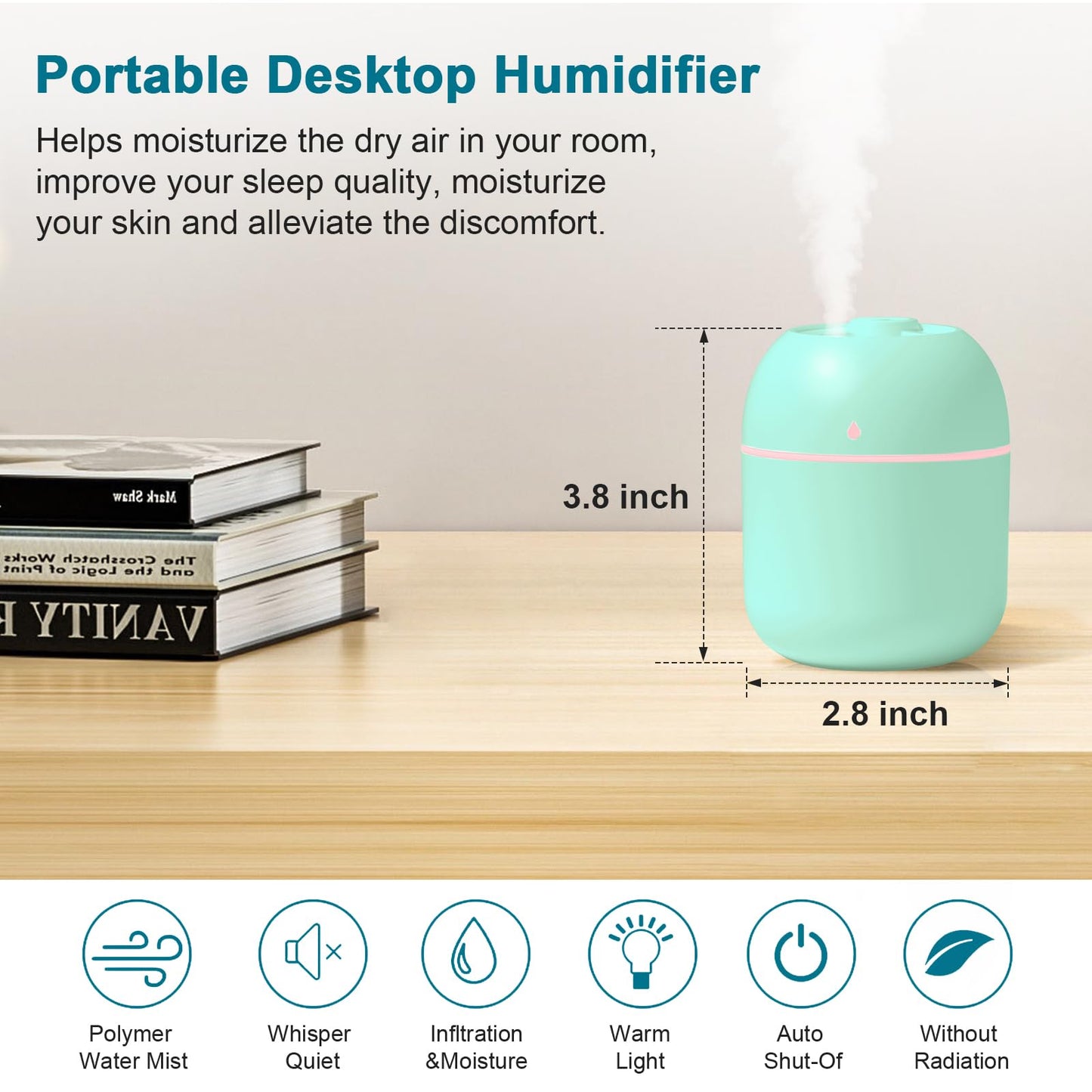Portable Small Humidifier, USB Personal Desktop Humidifier for Car, Office Room, Bedroom, Auto Shut-Off, 2 Mist Modes, Super Quiet(220ml, Green)