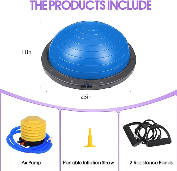 Balance Ball Trainer, 26 inch Half Exercise Ball with Resistance Bands, Home Gym Full Body Workout Equipment, Blue