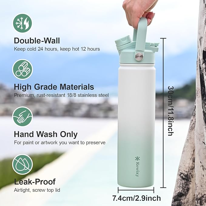 24 oz Insulated Water Bottle, 2-in-1 Lid, Straw & Spout with Protected, Leak Proof, Keep Cold, Stainless Steel, Metal, Reusable, Handle, for Travel, Gym and School, 2 Lids, Iced Mint